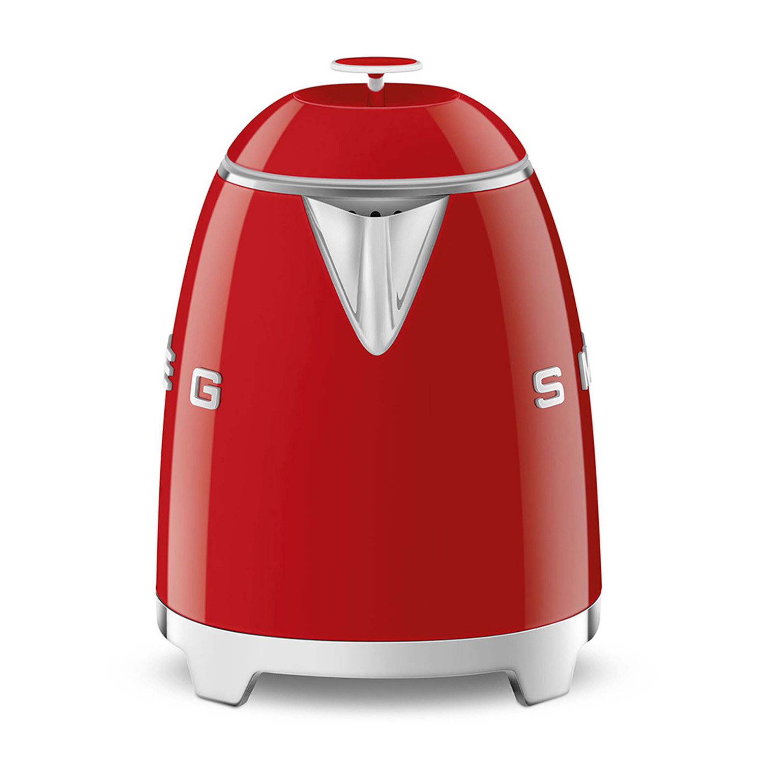 Un bollitore Smeg rosso con base bianca, su sfondo bianco.