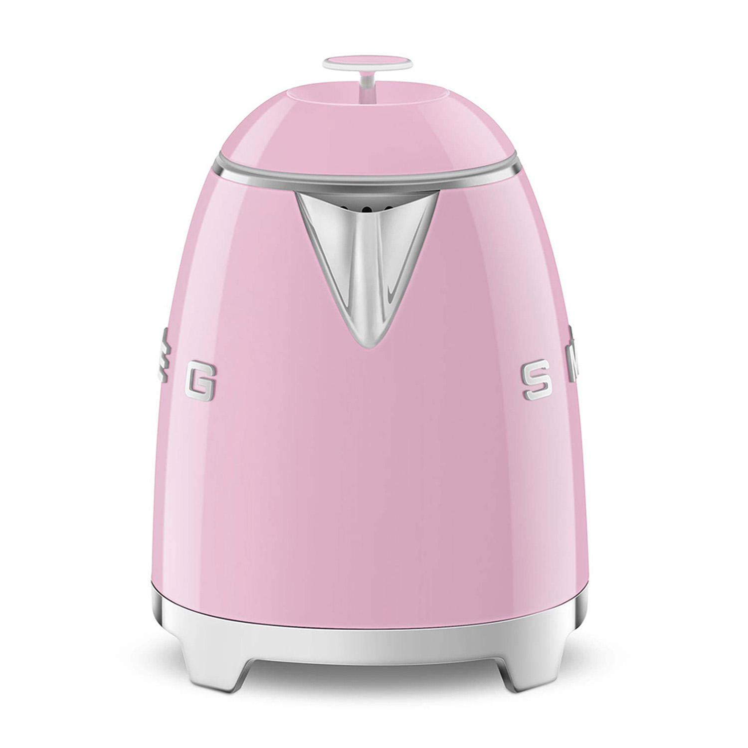Bollitore elettrico rosa retrò su una superficie bianca.