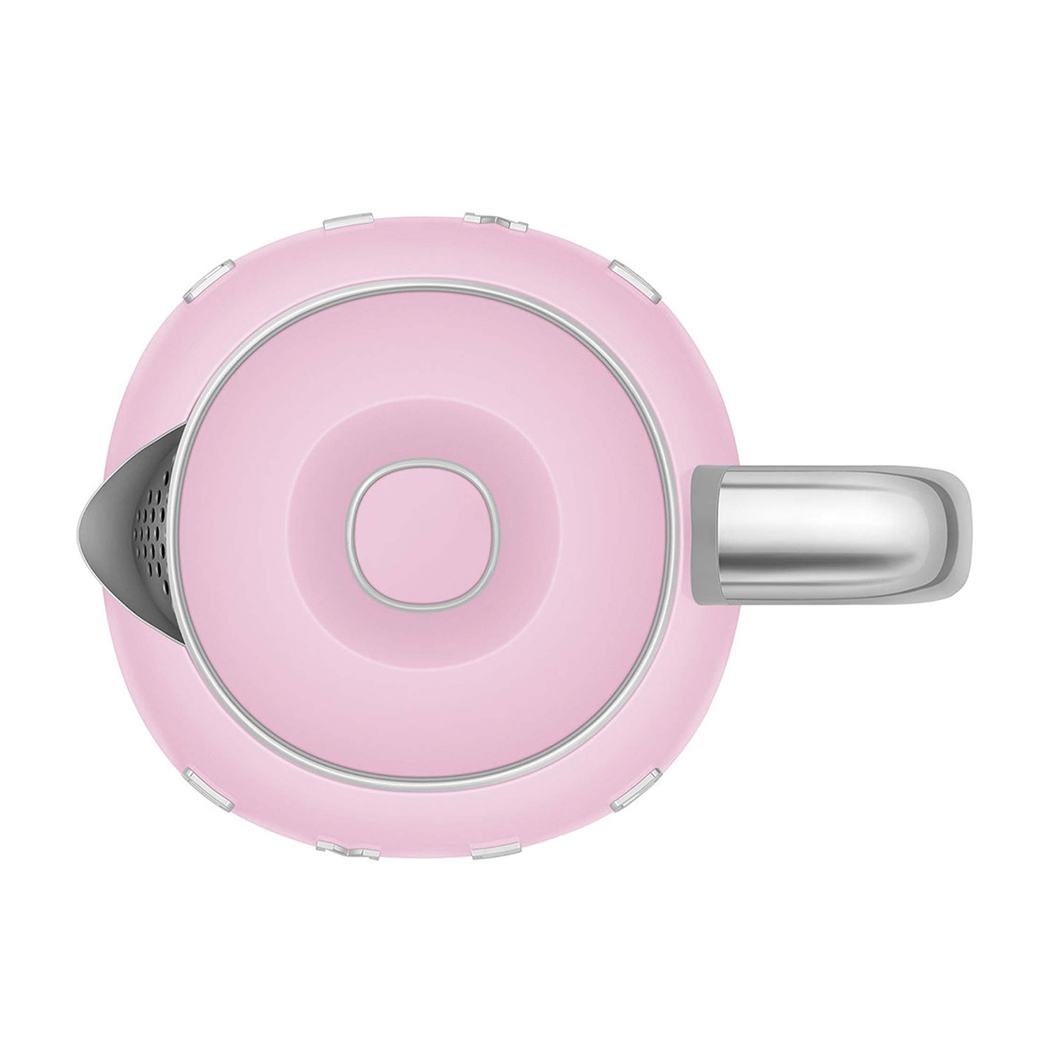 Un bollitore rosa visto dall'alto, con manico e beccuccio.