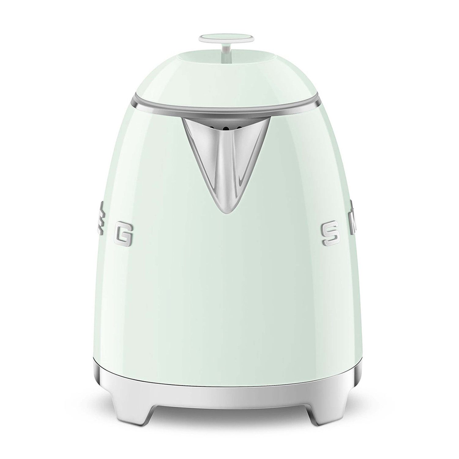 Un bollitore Smeg verde menta, base bianca, beccuccio cromato e manico sulla parte superiore.