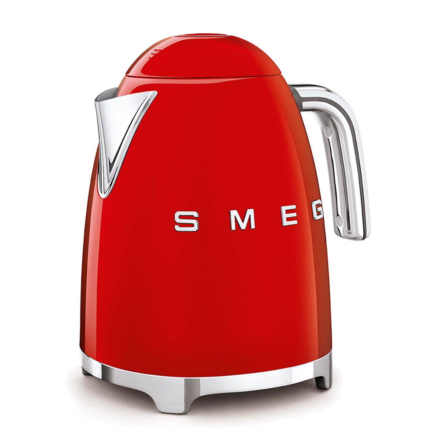 Bollitore Smeg rosso con finiture cromate, su sfondo bianco.