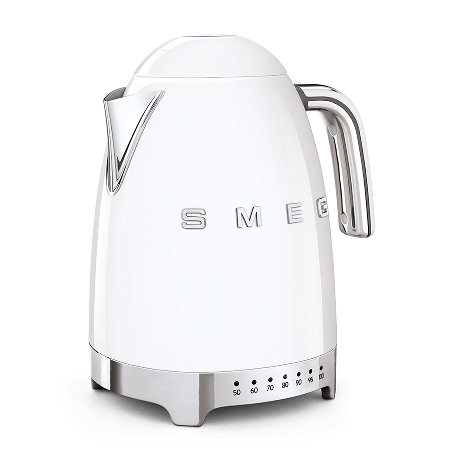 Bollitore Smeg bianco con impostazioni della temperatura e dettagli cromati su sfondo bianco.