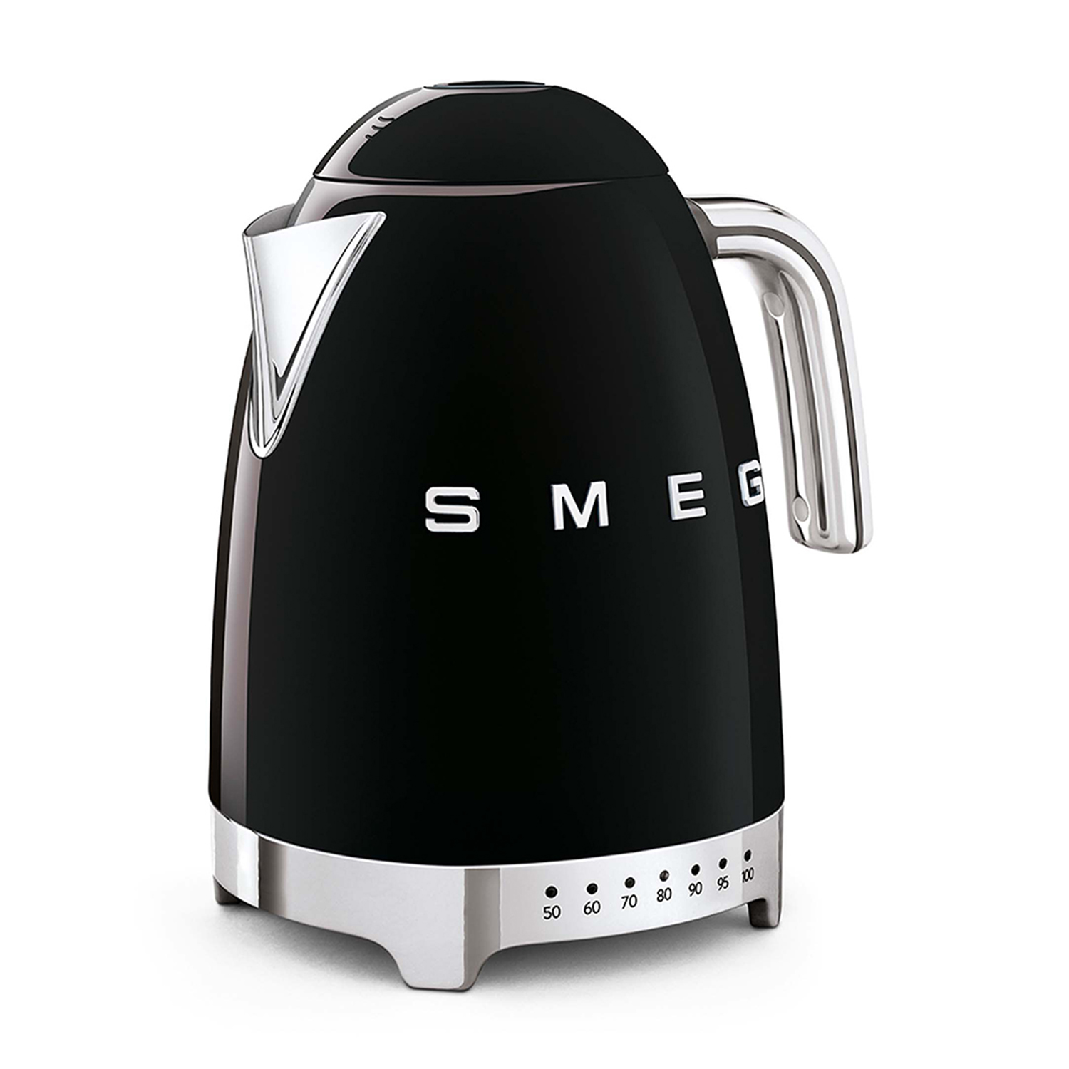 Bollitore Smeg nero con indicatori di temperatura, su sfondo bianco.
