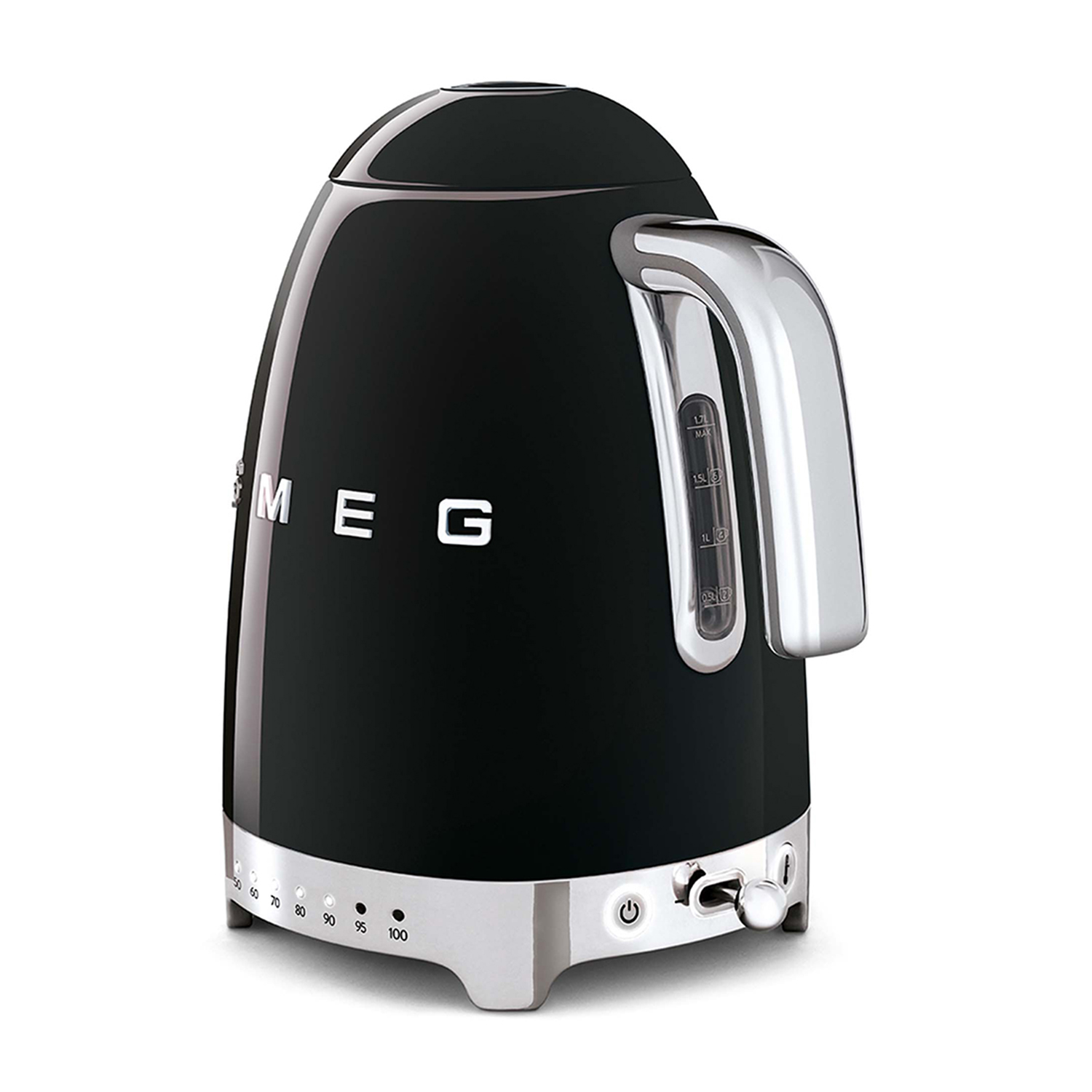 Bollitore Smeg nero con dettagli argentati. È su una base argentata con un quadrante della temperatura.