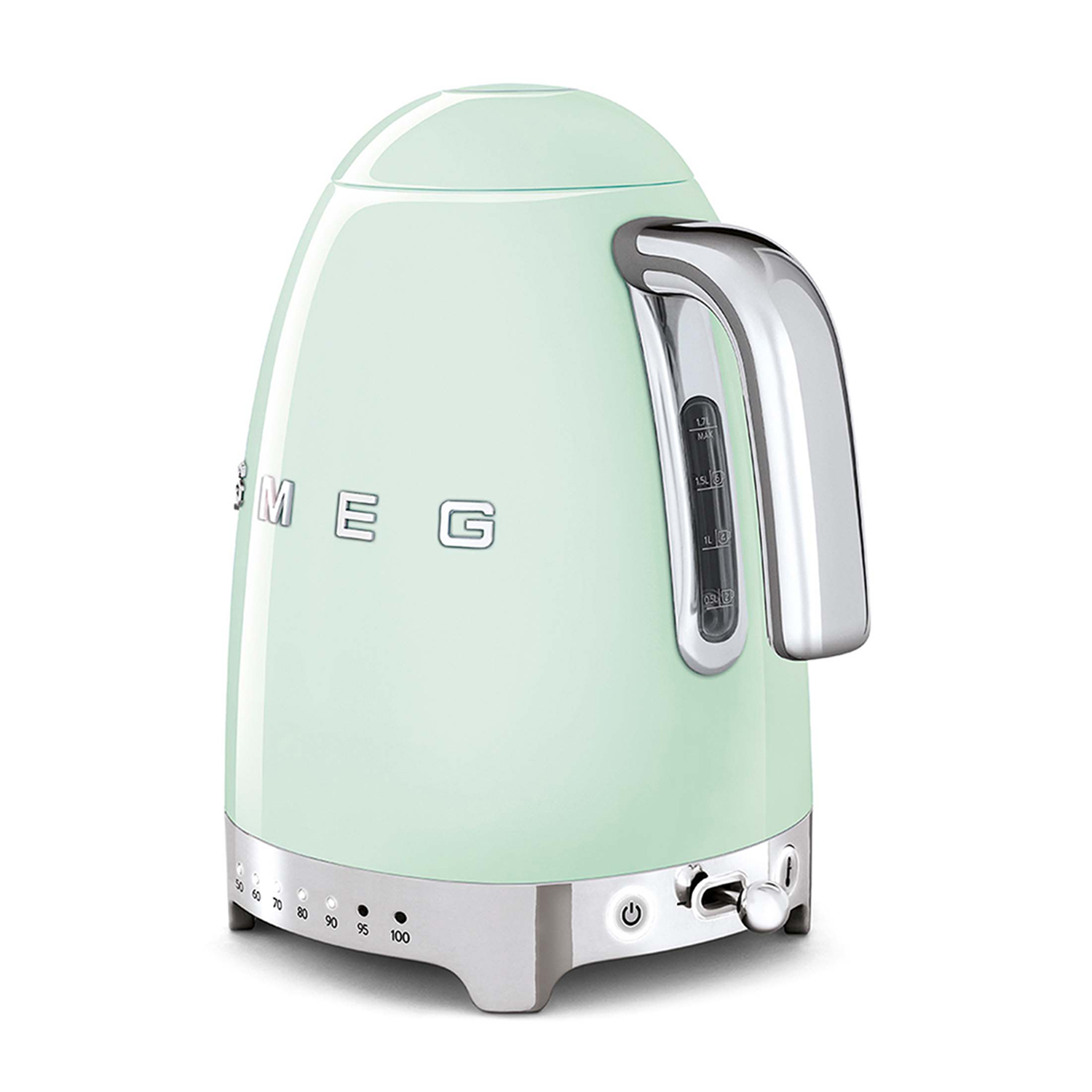 Un bollitore elettrico Smeg verde menta con manico e base argentati, su sfondo bianco.