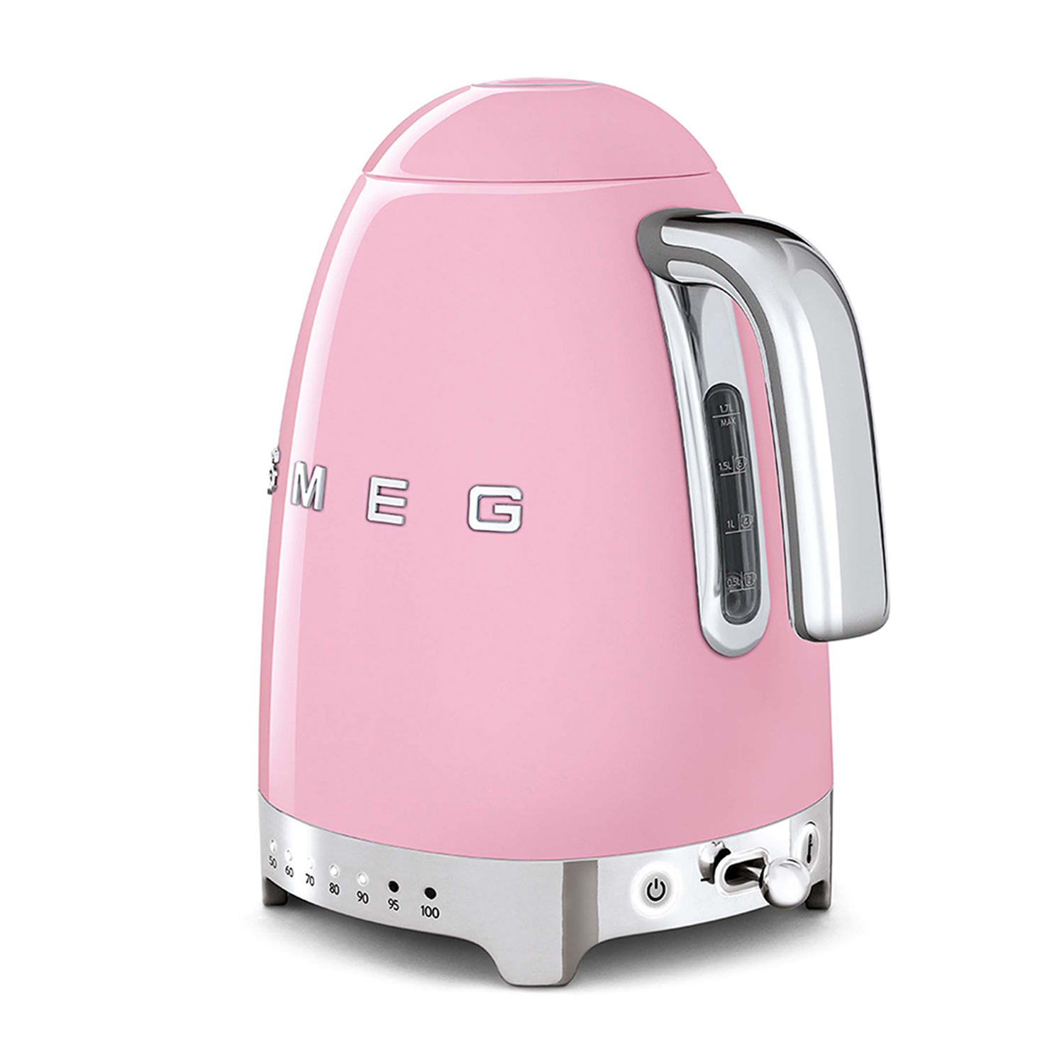 Bollitore Smeg rosa con manico e base argentati, su superficie bianca.