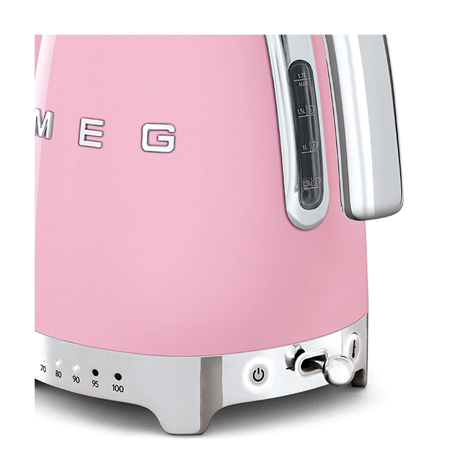 Bollitore Smeg rosa, primo piano, con indicatore livello acqua e manopola.