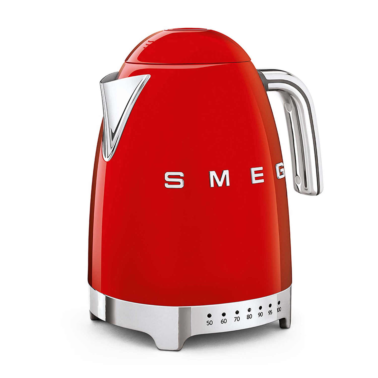 Bollitore elettrico rosso con manico e base argentati. Il marchio Smeg è visibile.