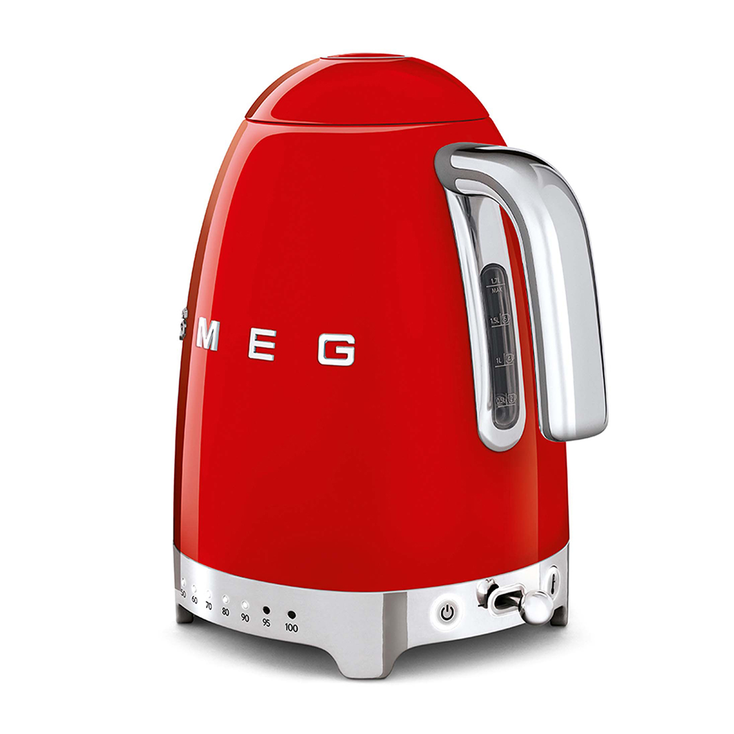 Un bollitore elettrico SMEG rosso su sfondo bianco. Ha un manico cromato.