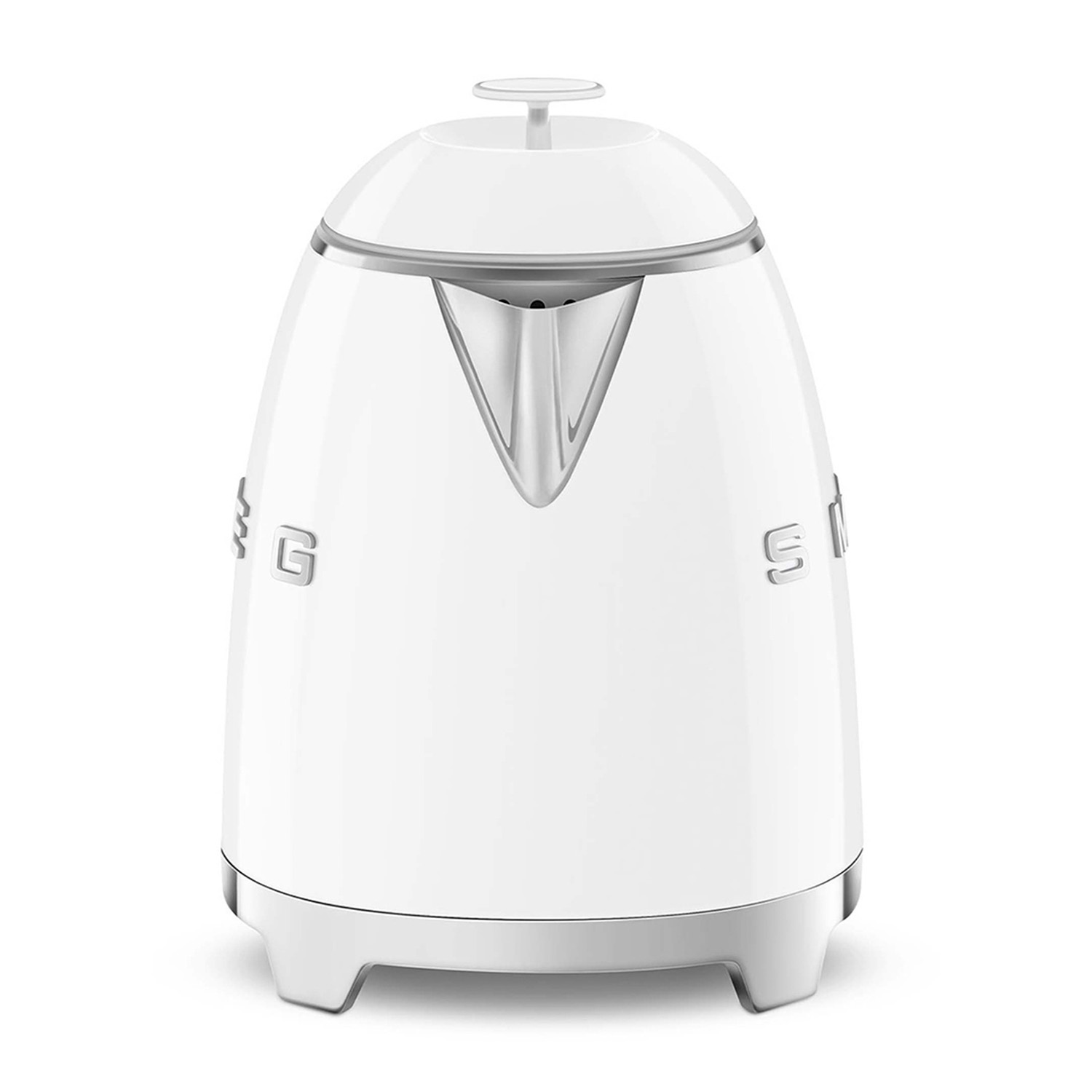 Bollitore Smeg bianco con design a uovo e beccuccio argentato, vista frontale.