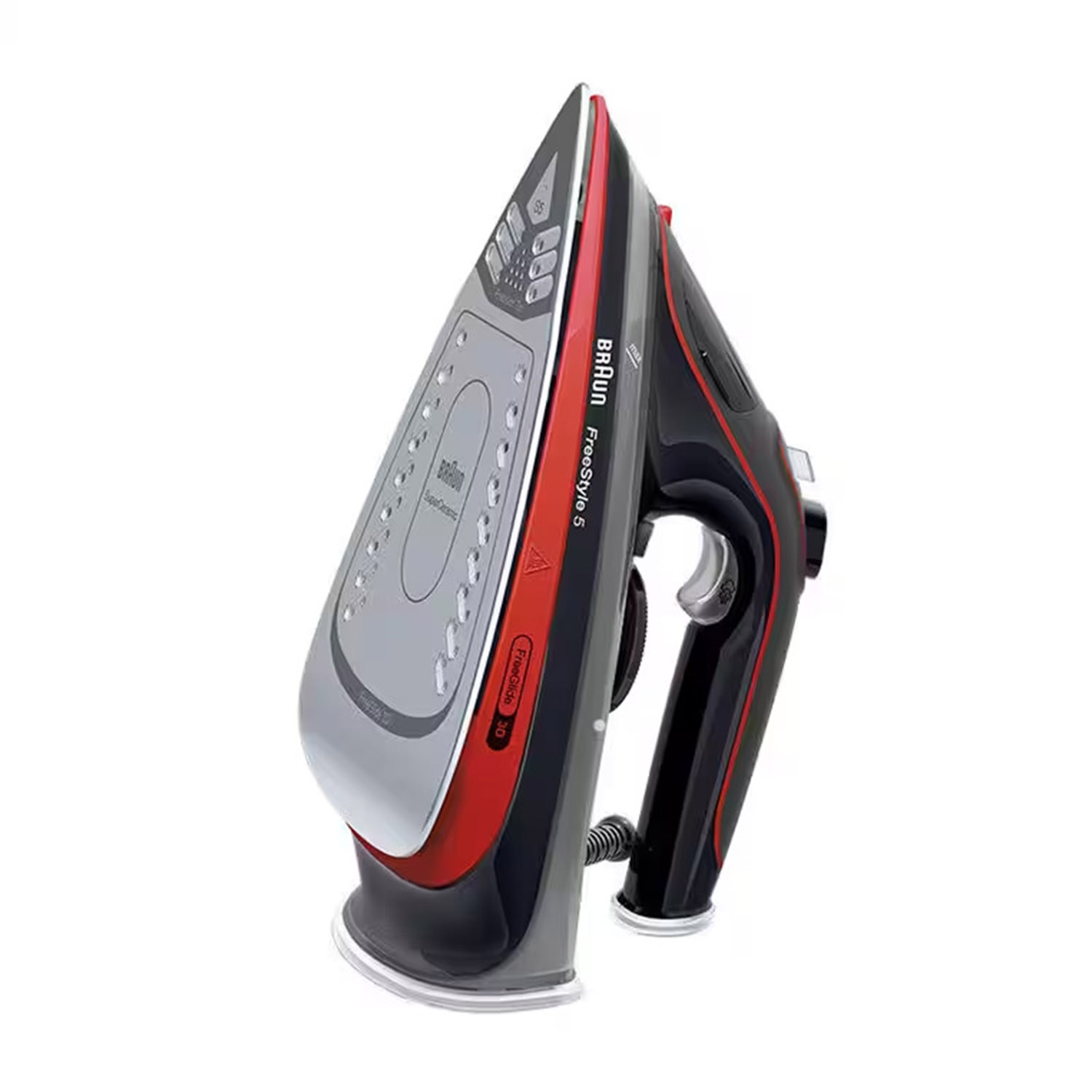 Ferro da stiro nero, rosso e grigio con il logo Braun FreeStyle 5.