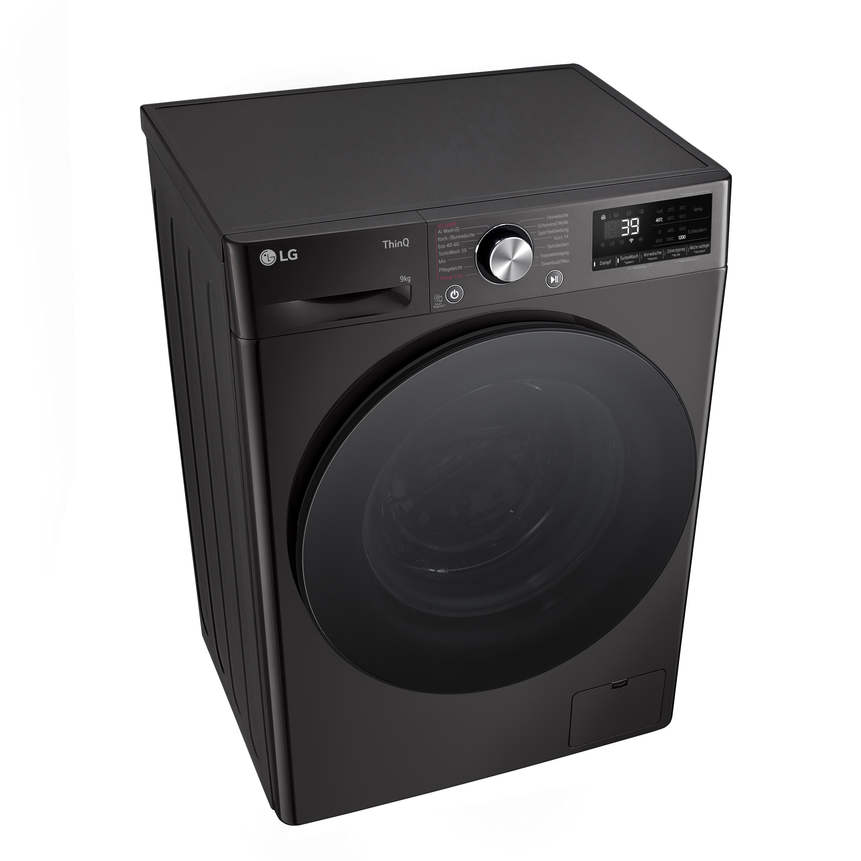 Schwarze Waschmaschine, Draufsicht.