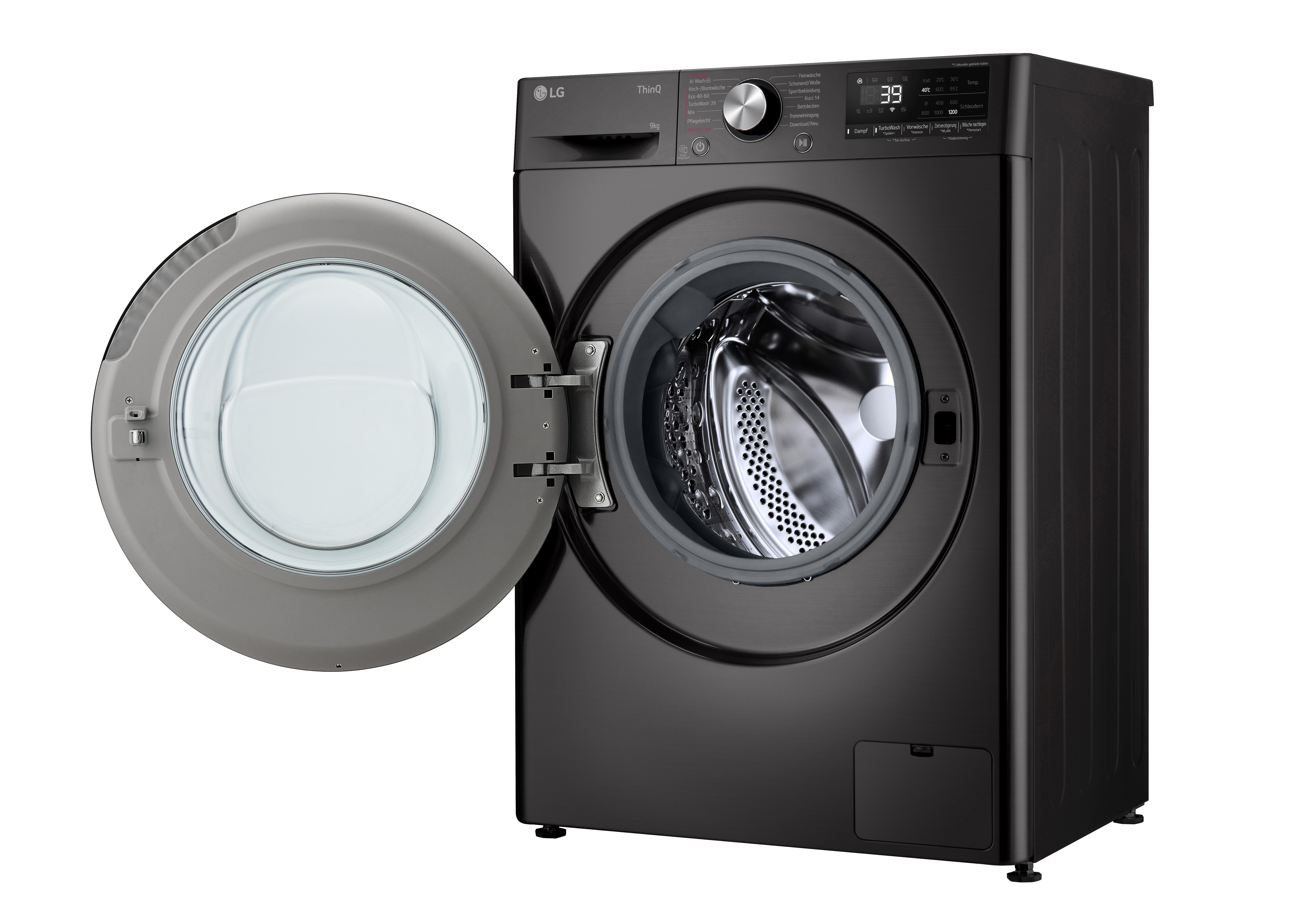 Eine schwarze LG Waschmaschine mit geöffneter Tür, die Trommel und Bedienfeld zeigt.