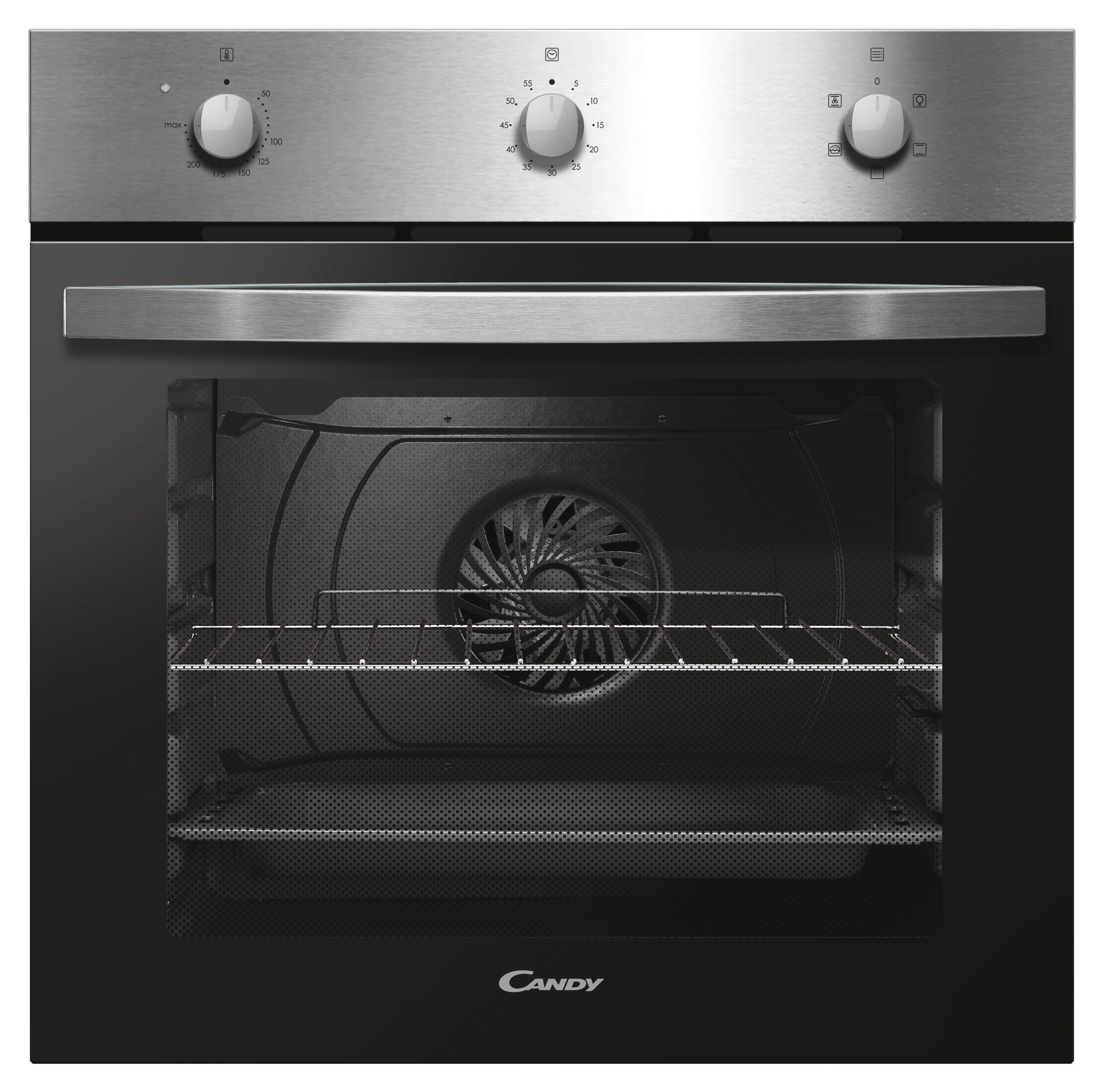 Horno Candy con panel y perillas de acero inoxidable. Puerta abierta muestra el interior y rejillas.