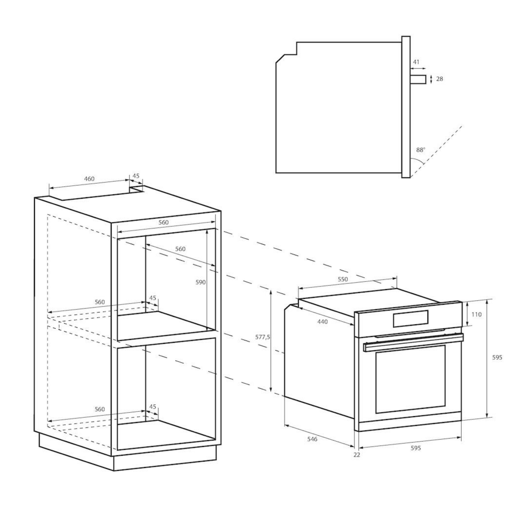 Dibujo técnico de un mueble de cocina y horno con dimensiones.