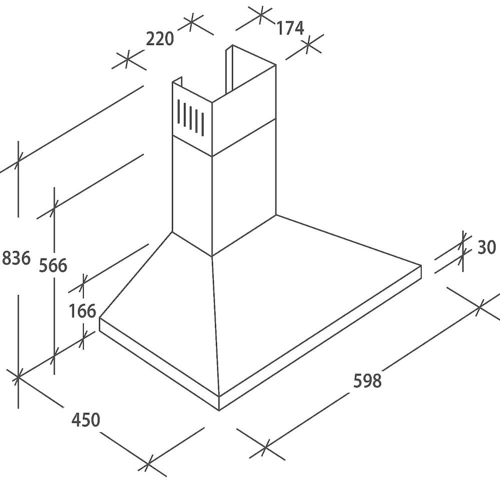 Dibujo técnico de una campana extractora con dimensiones en milímetros.