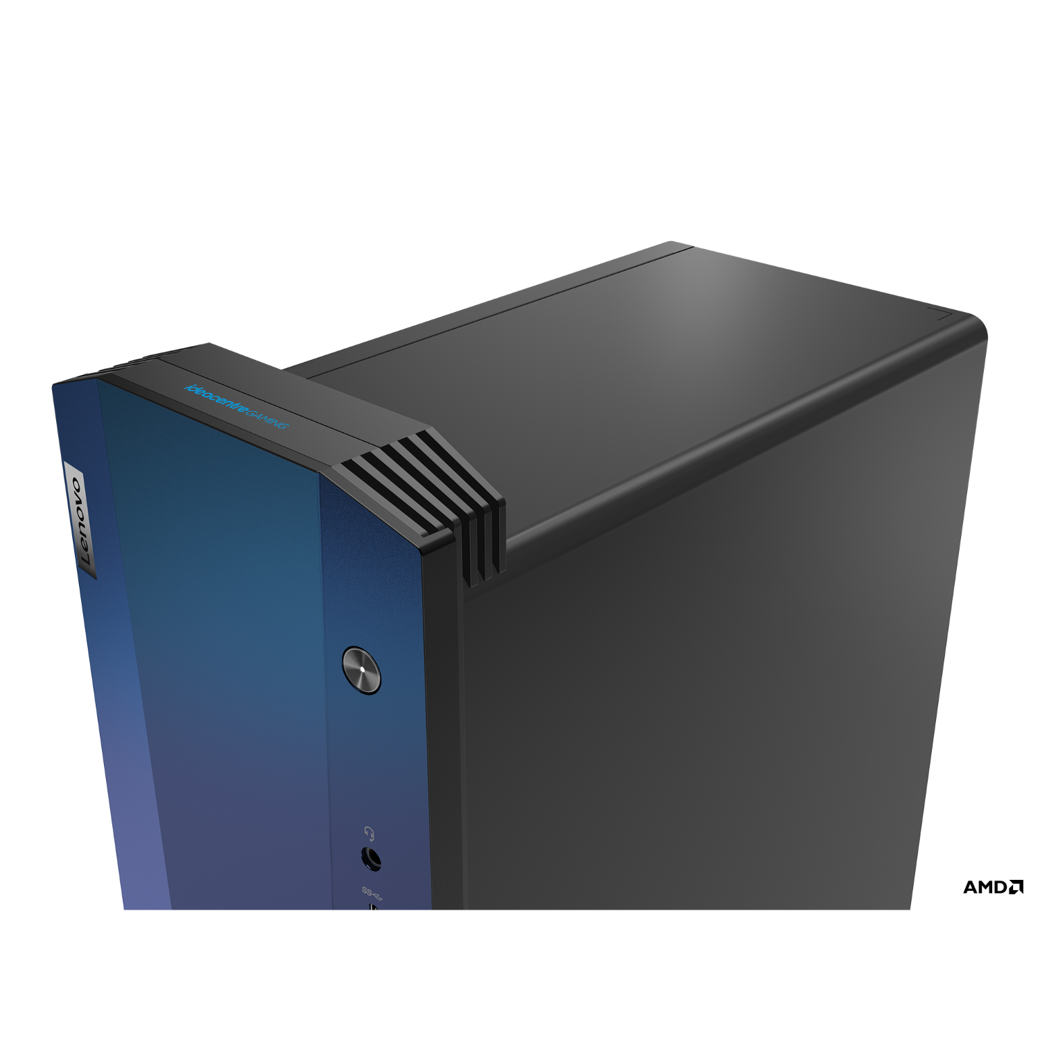 Zwarte en blauwe gaming desktop computer. Lenovo logo op de zijkant, blauwe gradiënt.