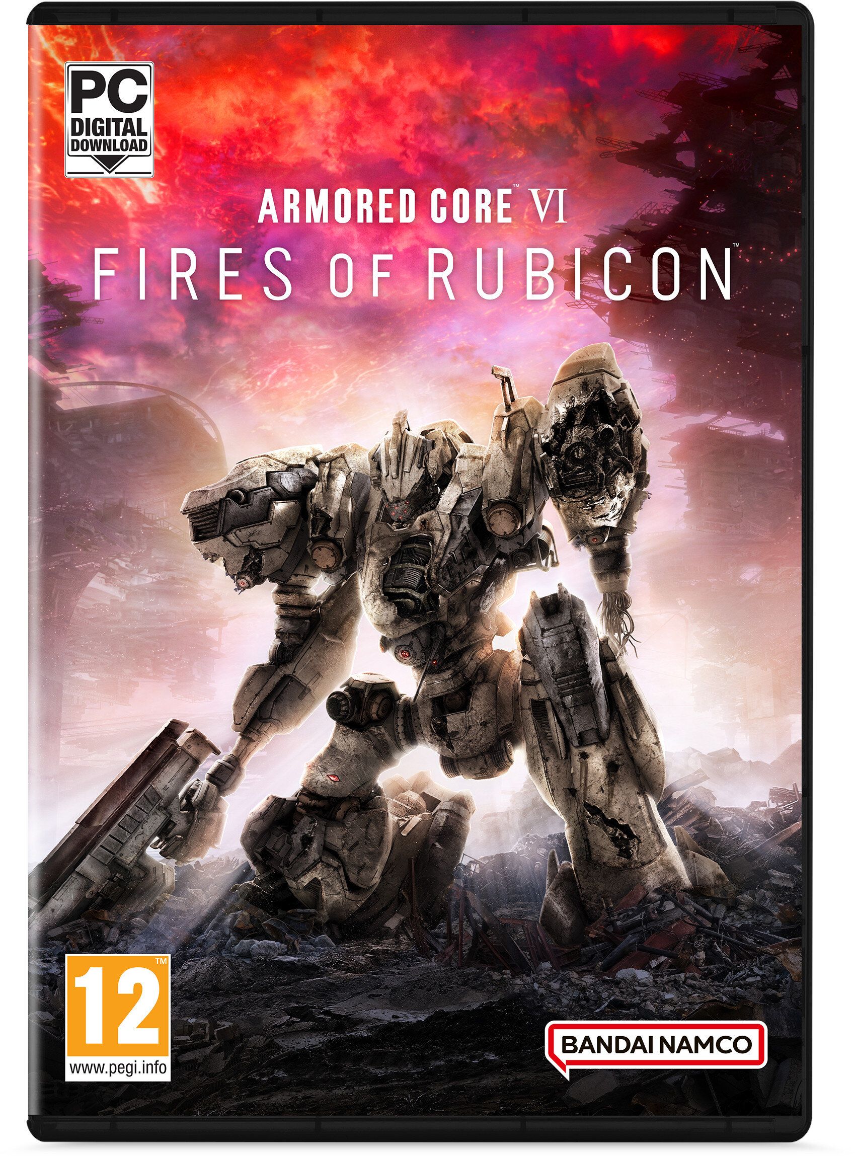 Grafika pudełka z grą. Robot Mech na ognistym tle, z tekstem: Armored Core VI Fires of Rubicon.