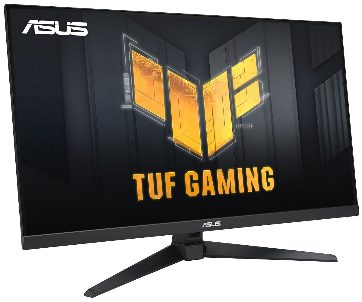 Monitor Asus TUF Gaming z czarną podstawą i logo.