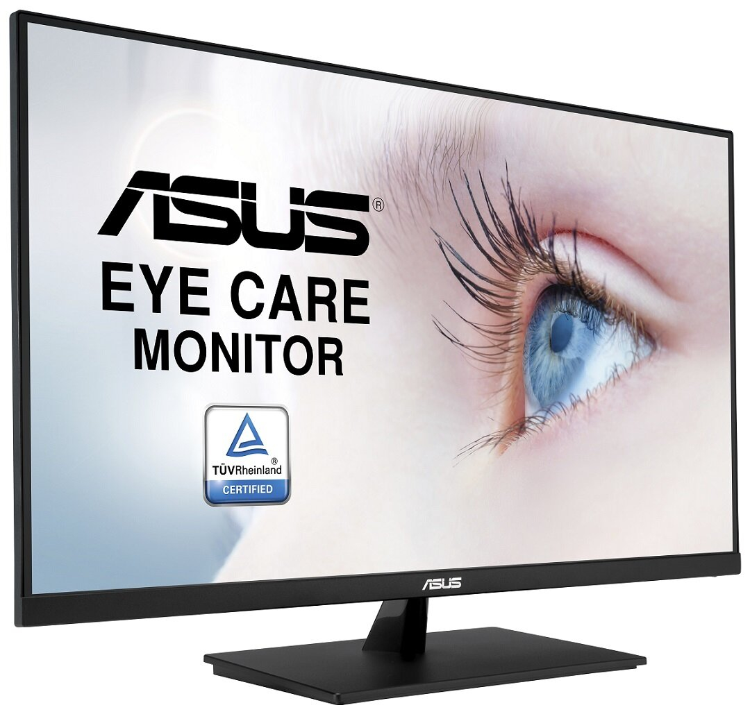 Monitor ASUS Eye Care z obrazem oka na ekranie. Przejrzyste niebieskie oko z wyraźnymi rzęsami. Czarna ramka.