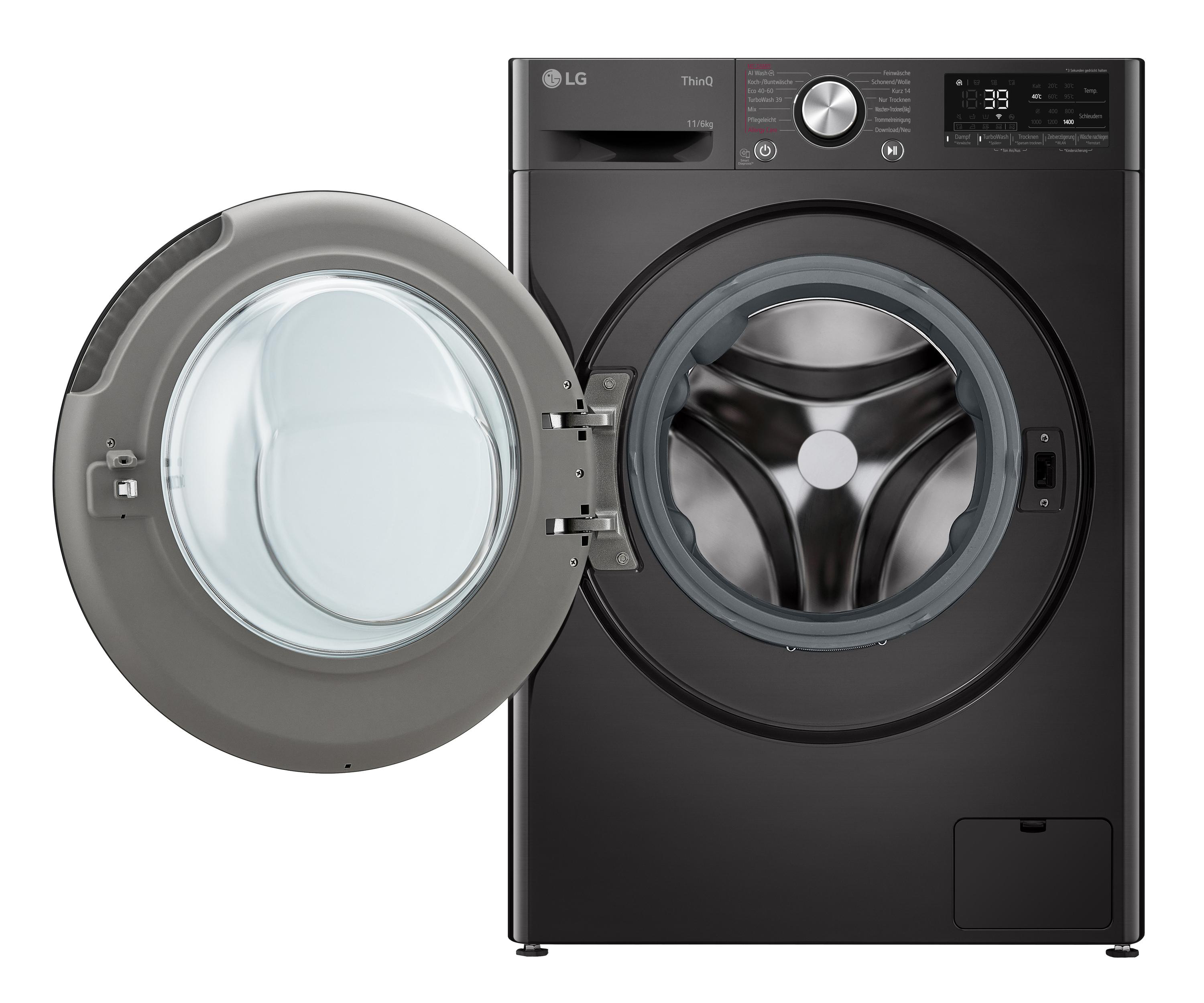 Schwarze LG Waschmaschine mit geöffneter Tür. Die Maschine hat ein Bedienfeld.