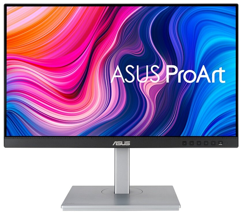 Monitor Asus ProArt z kolorowym tłem na białym tle.