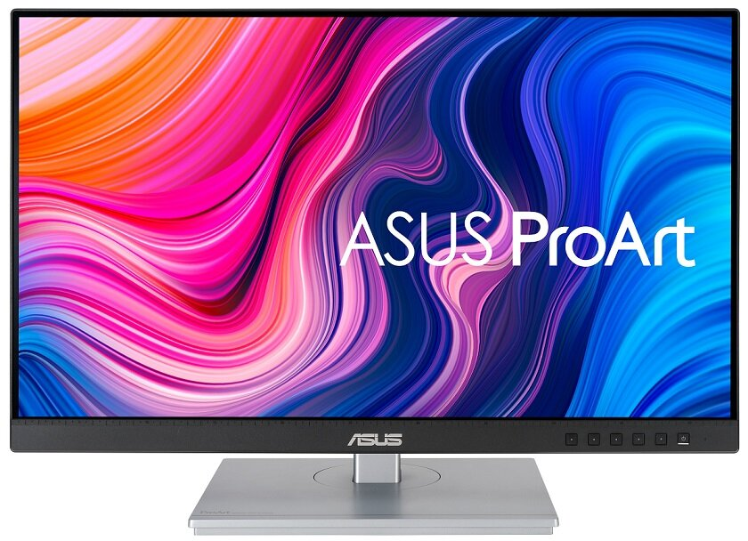 Monitor ASUS ProArt wyświetla kolorowy, abstrakcyjny obraz z logo ASUS ProArt na dole.