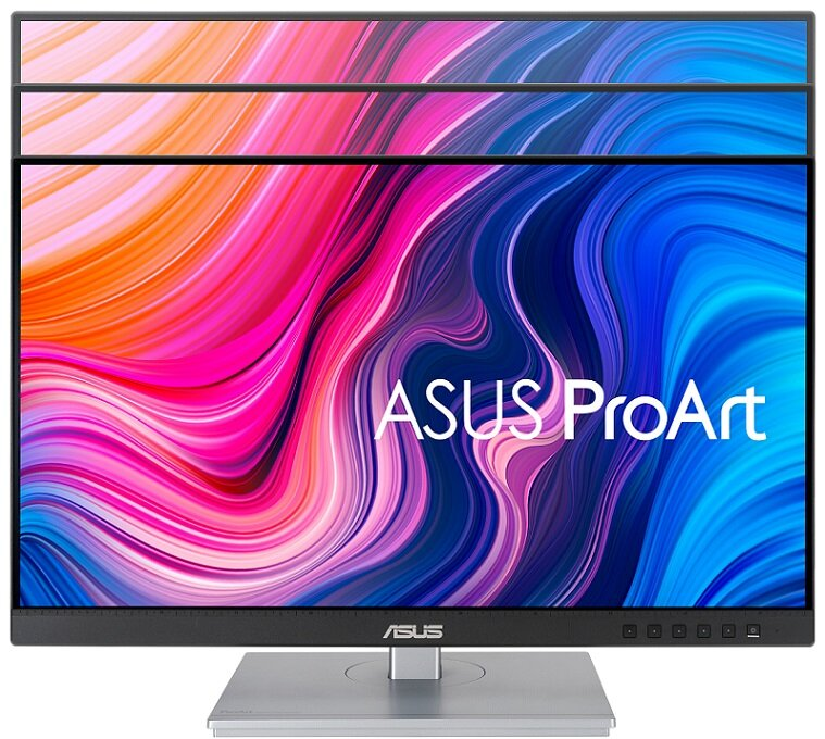 Monitor ASUS ProArt z kolorowym tłem. Ma czarną ramkę, srebrną podstawę i logo ASUS.