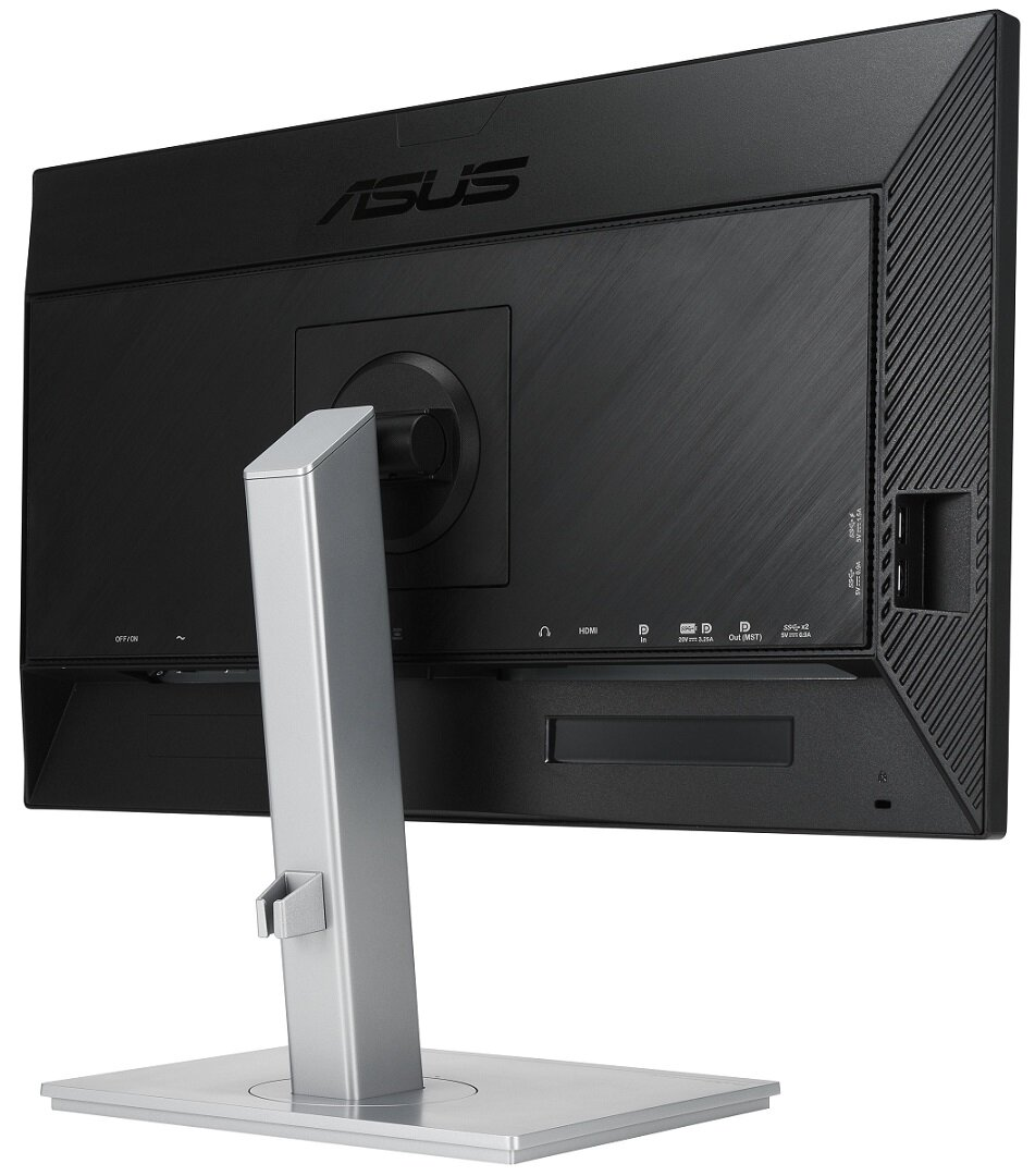 Widok z tyłu czarnego monitora komputerowego ASUS ze srebrną podstawą i różnymi portami.