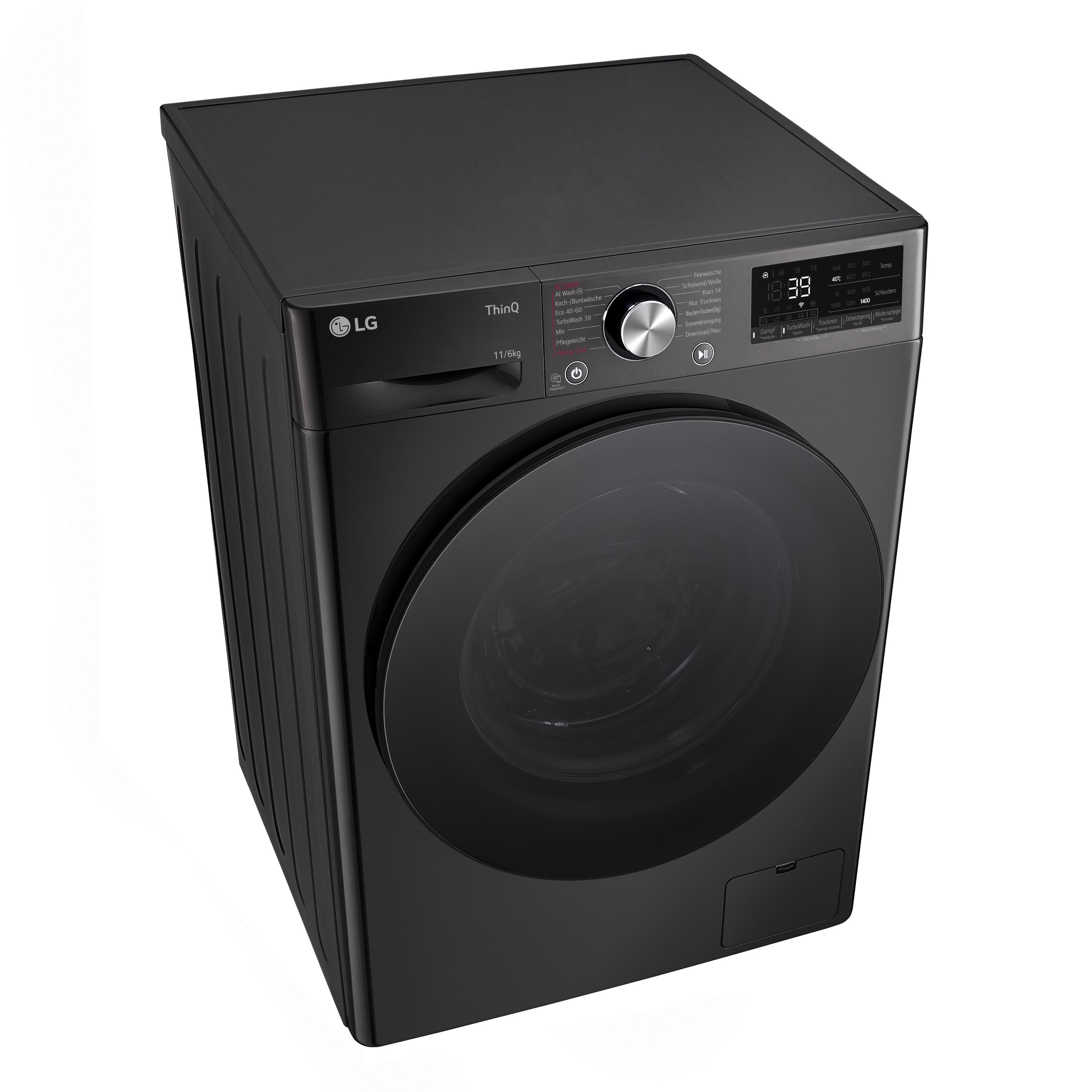 Eine schwarze LG Waschmaschine. Sie hat eine Digitalanzeige und eine schwarze runde Tür.