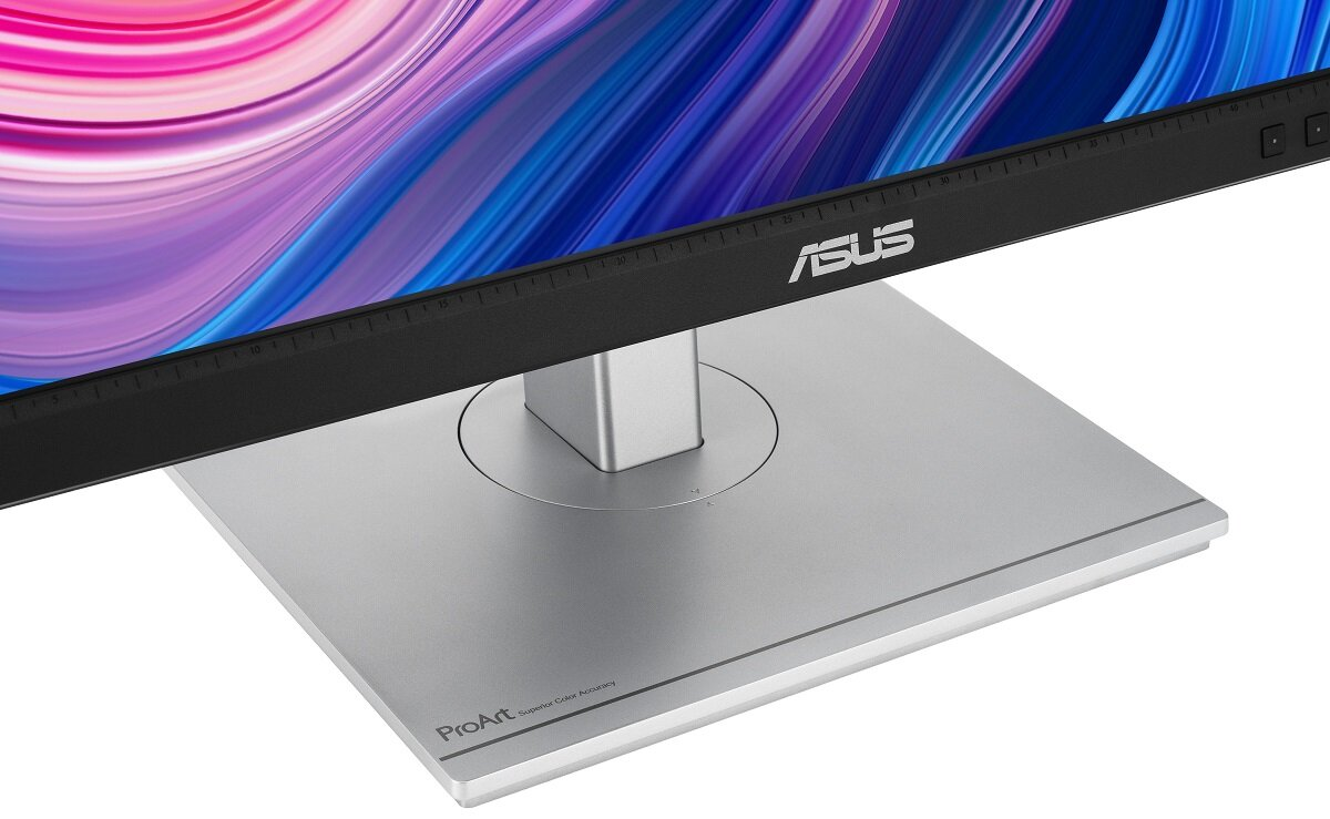 Monitor ASUS ze srebrną podstawą i kolorowym wyświetlaczem.