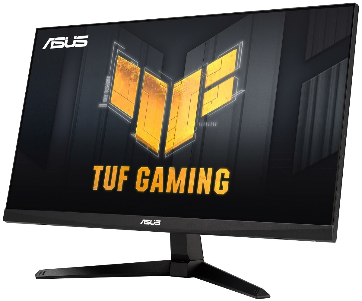 Czarny monitor do gier ASUS TUF ze stojakiem, wyświetlający żółte logo TUF na ciemnym tle.