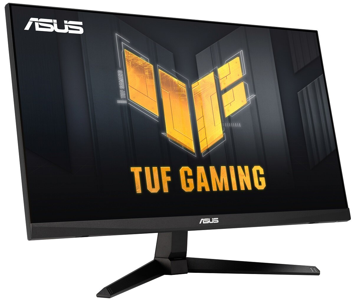 Monitor ASUS TUF Gaming z czarną ramką i żółtym logo na czarnym ekranie.