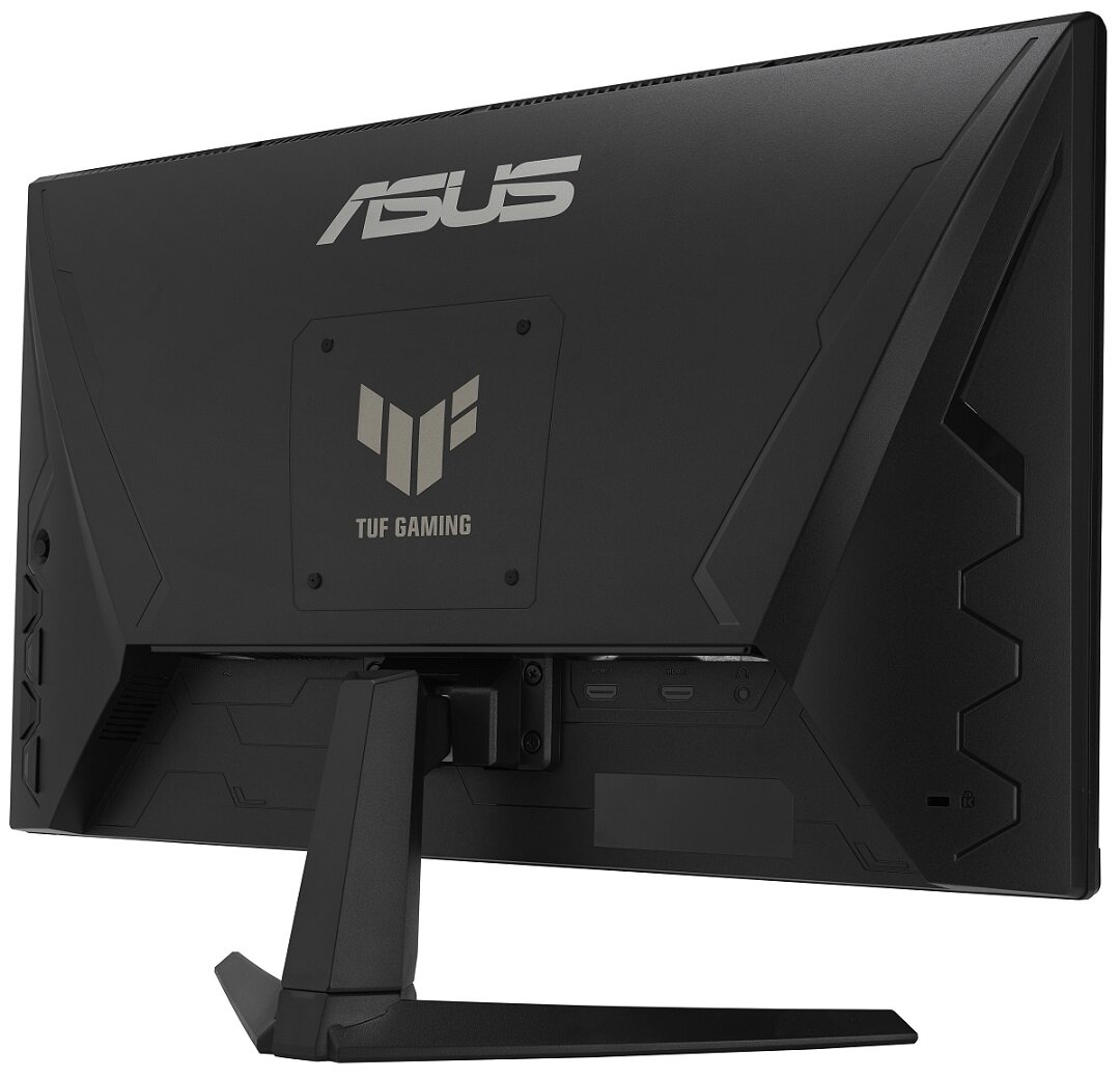 Widok z tyłu czarnego monitora ASUS TUF gaming. Widoczne logo ASUS i TUF Gaming. Porty z tyłu.