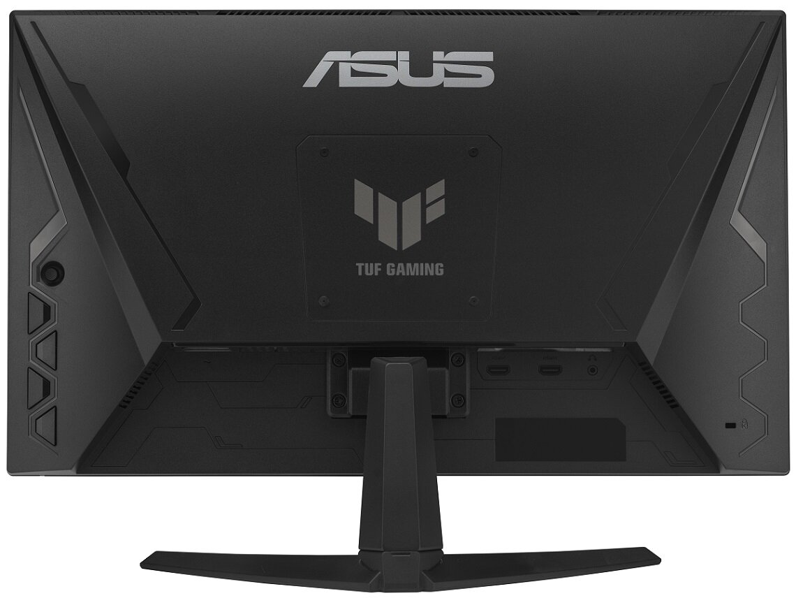 Tył czarnego monitora ASUS TUF Gaming. Pokazuje porty i logo TUF Gaming.