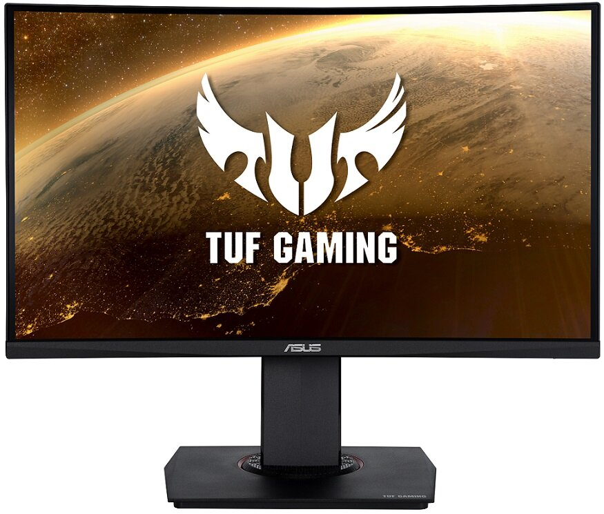 Monitor Asus TUF Gaming. Czarna ramka, białe logo i tło przypominające Ziemię.