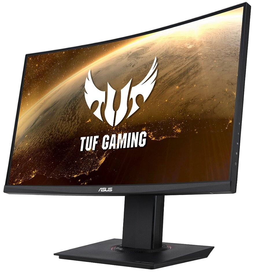 Zakrzywiony monitor komputerowy z czarną ramką. Ekran pokazuje planetę z logo ASUS.