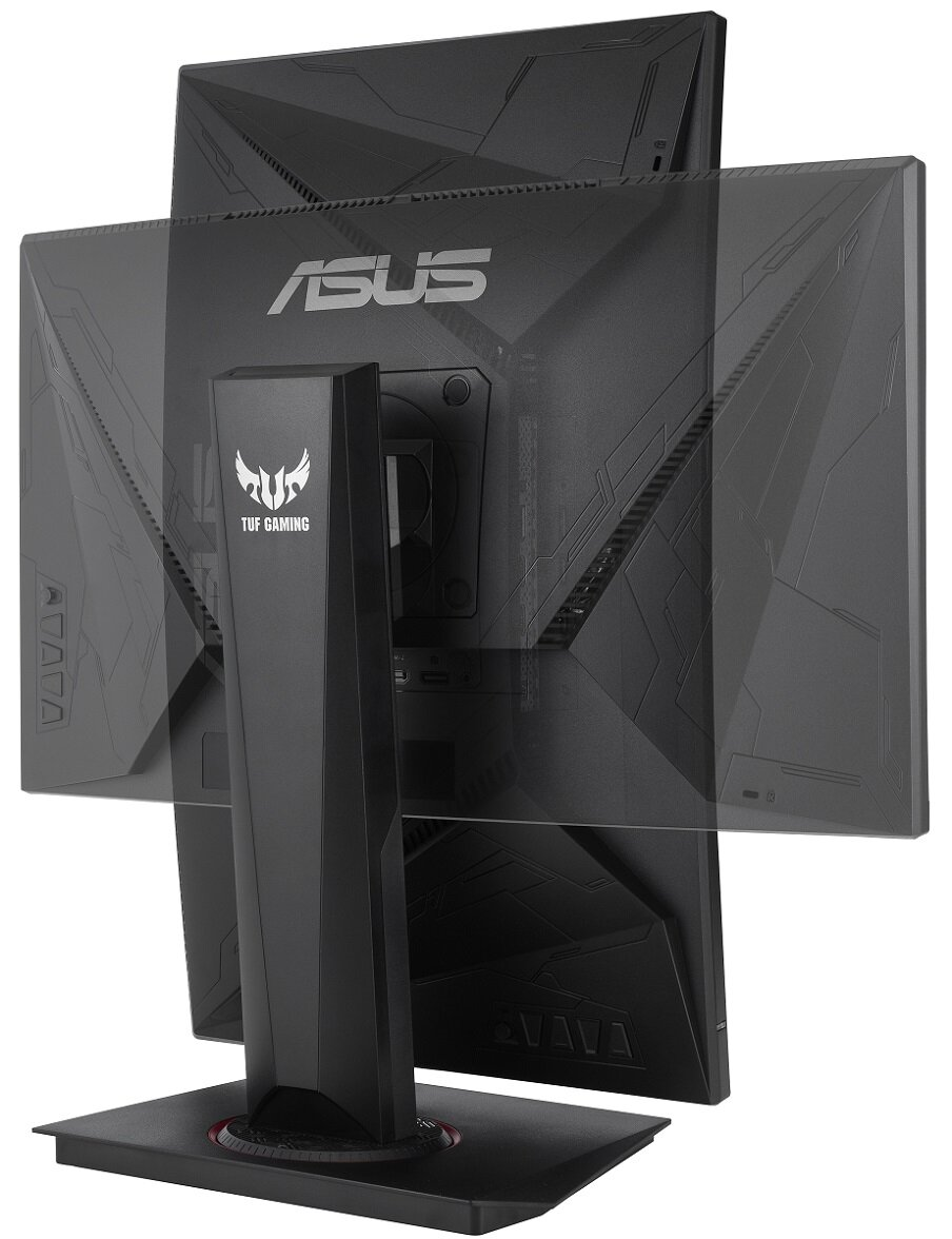 Tył czarnego monitora komputerowego z logo ASUS. Jest na stojaku.