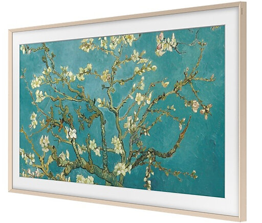 Obraz kwitnących drzew migdałowych na turkusowym tle w złotej ramie.