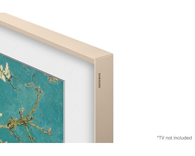 Złota ramka telewizora Samsung, część obrazu. Ramka ma logo Samsung. Obraz przedstawia błękitne niebo i białe kwiaty.