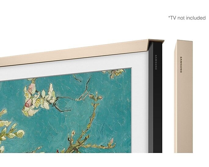 Ramka do telewizora Samsung, z obrazem kwiatów migdałowca. Ramka jest beżowa i czarna. Po prawej stronie osobna beżowa część ramki.