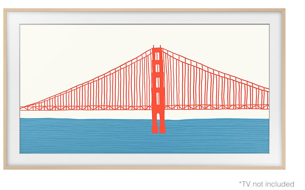 Ilustracja mostu Golden Gate, czerwona na jasnobeżowym tle, niebieska woda.