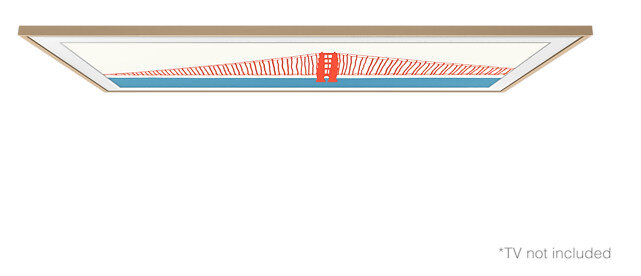 Telewizor z białą ramą wyświetla obraz mostu na tle niebieskiego nieba, z białym tłem.
