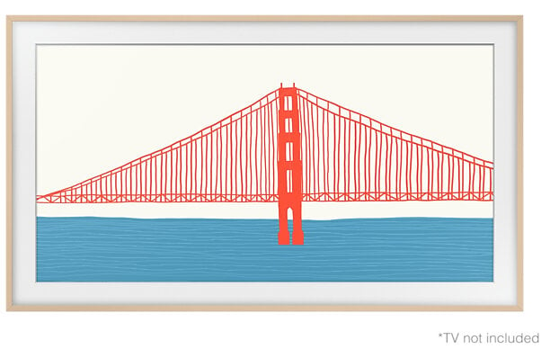 Ilustracja mostu Golden Gate w kolorze czerwonym, nad błękitną wodą. Tło jest kremowe, oprawione w jasne drewno.