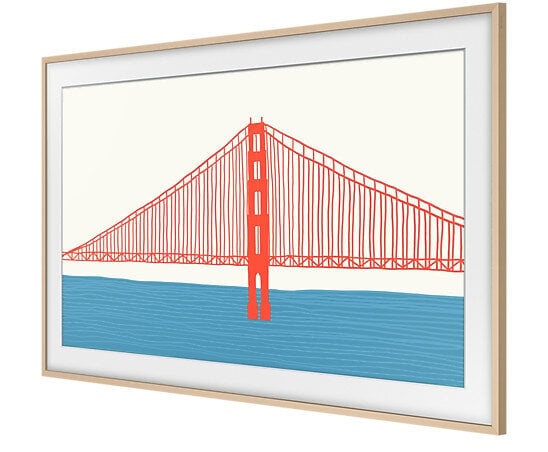 Oprawiony obraz mostu Golden Gate w kolorze czerwonym, narysowany na białym tle, z niebieską wodą na dole.