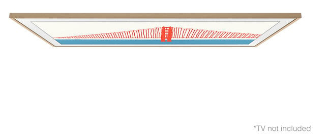 Prostokątna rama przedstawia stylizowany czerwony most nad niebieską wodą. Rama jest w kolorze beżowym z białym obramowaniem, unosząca się na białym tle.