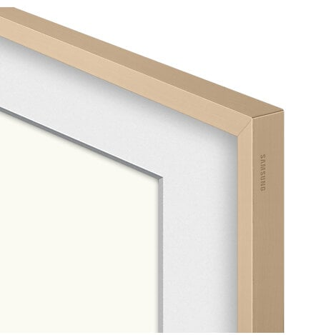 Zbliżenie złotego obramowania wokół białego ekranu. Na boku ramy widnieje napis 'SAMSUNG'.