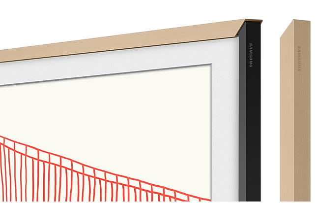 Telewizor Samsung ze złotą ramą i czarnym bokiem. Na ekranie widoczny jest rysunek mostu z czerwonymi liniami.