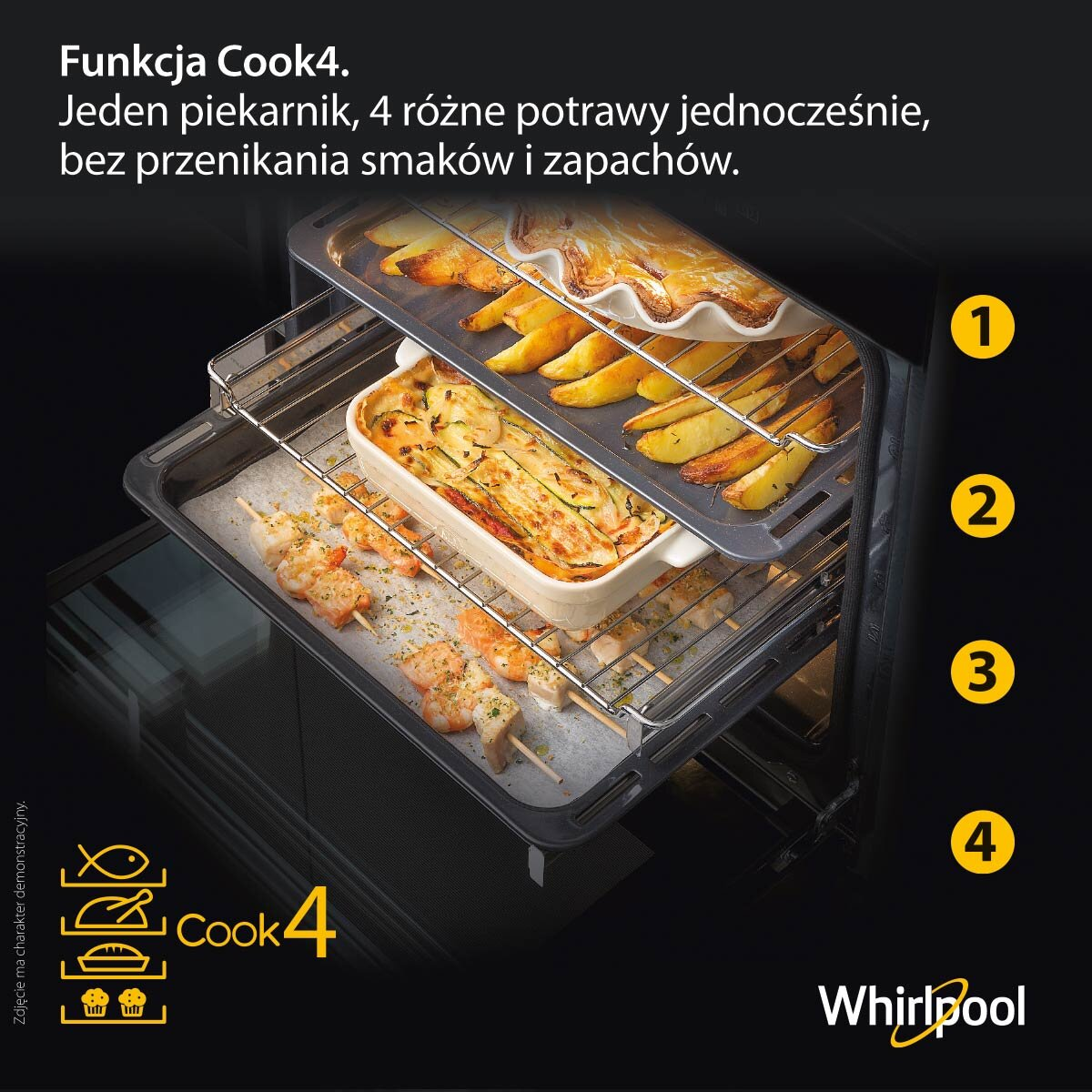 Piekarnik z jedzeniem w środku na rusztach, z tekstem opisującym funkcję Cook4, z logo Whirlpool.