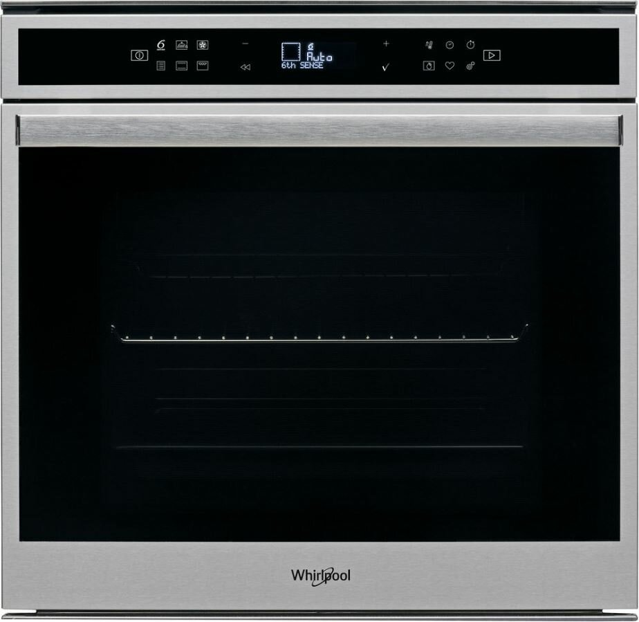 Srebrny piekarnik Whirlpool. Piekarnik ma czarne drzwi, wyświetlacz i wykończenie ze stali nierdzewnej.